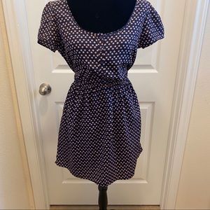 Navy Print Dress With Pockets & Button Detail